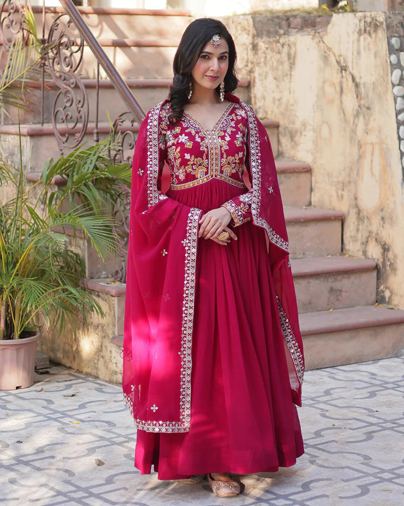 Womenline Rani Pink Color Faux Blooming Zari Embroidered Work Gown