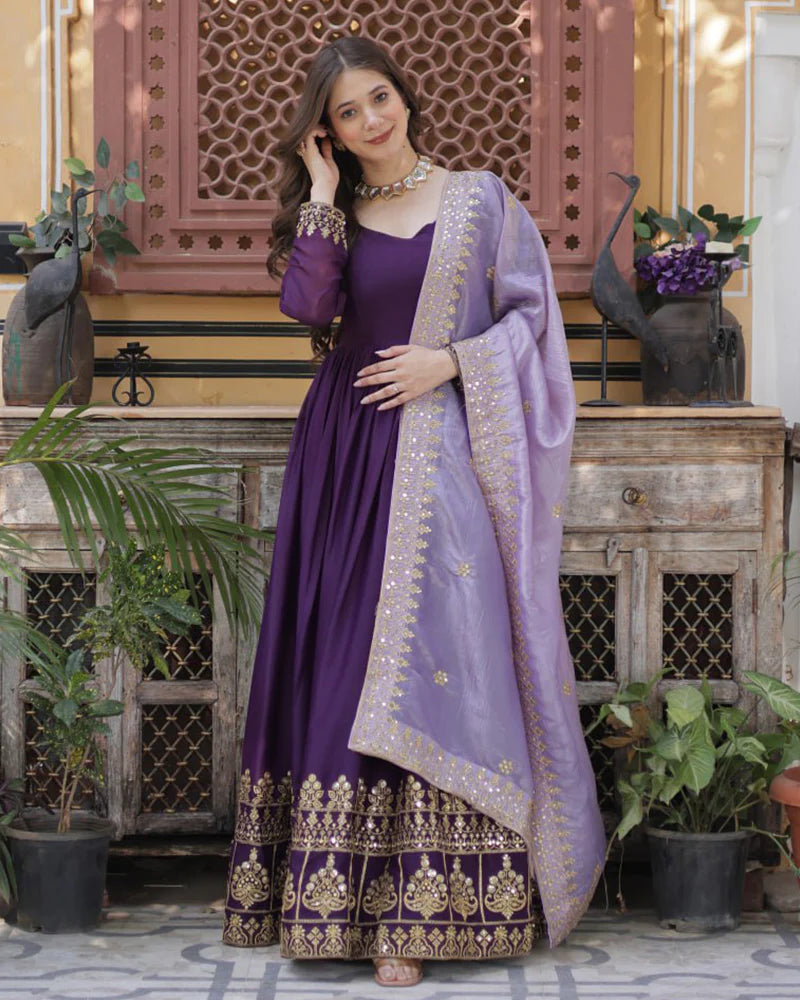 Womenline Wine Color Star Georgette Sequence Embroidered Gown