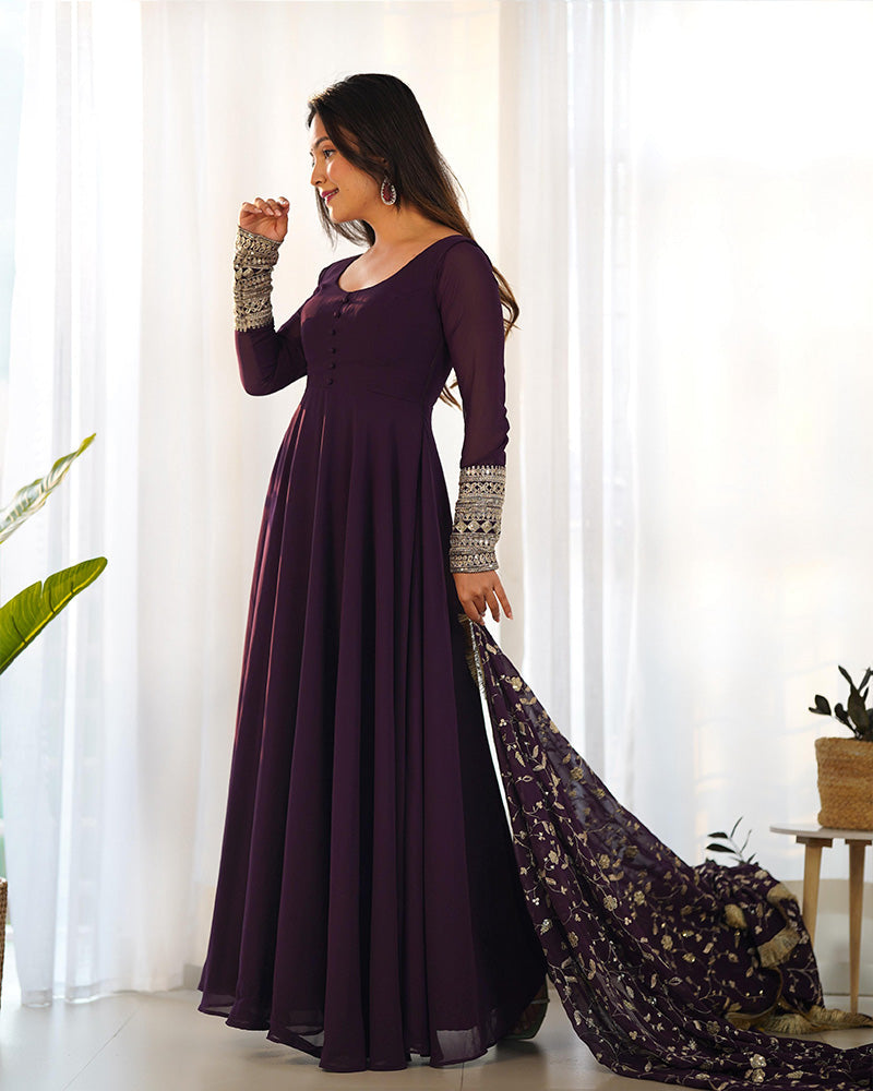 Womenline Wine Color Soft Georgette With Heavy Embroidery Work Dupatta Anarkali Suit