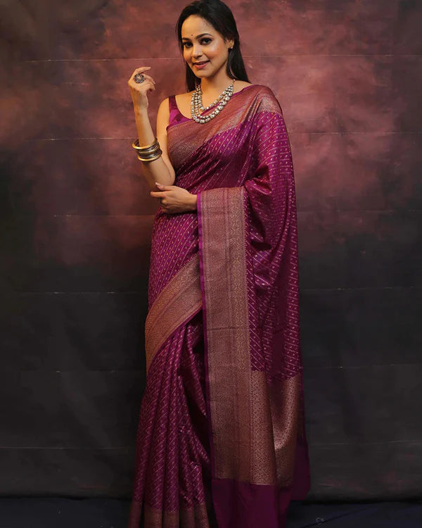 Womenline Wine Color Banarasi Soft Silk Saree