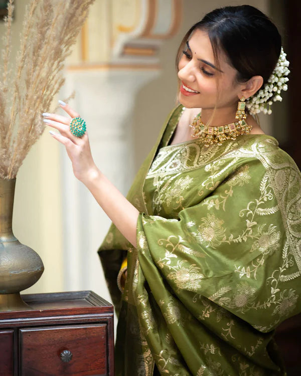 Womenline Mehndi Color Banarasi Jacquard Zari Weaving Saree