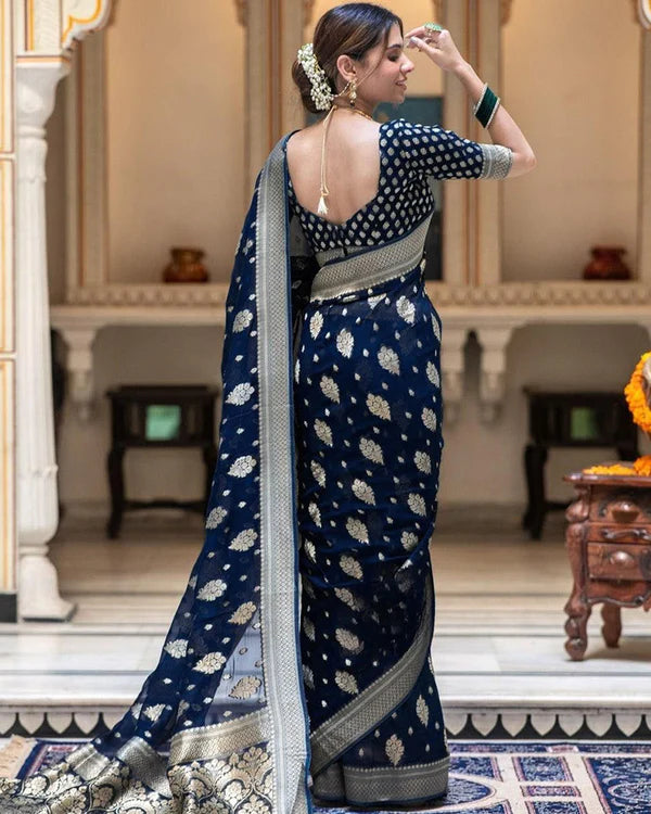 Womenline Navy Blue Color Banarasi All Over Jacquard Soft Silk Saree