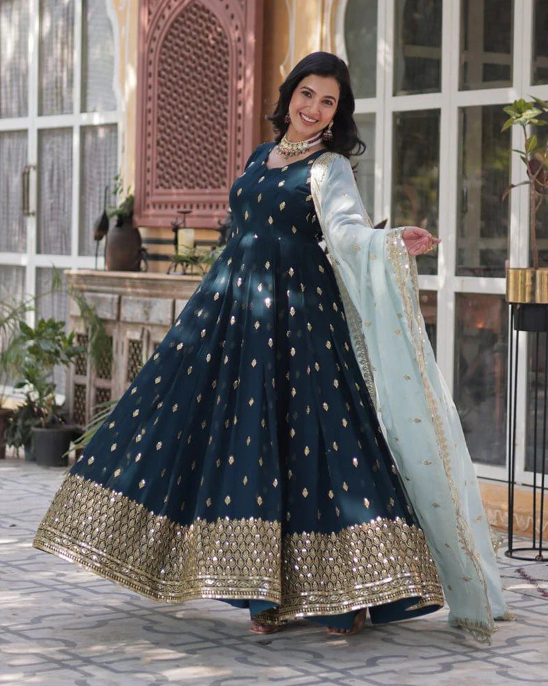 Womenline Viking Blue Color Faux Blooming Zari Embroidered Work Gown