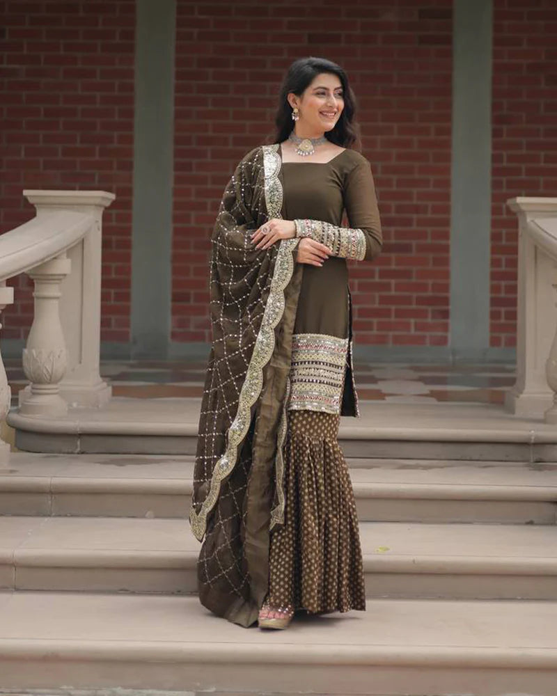 Womenline Mehndi Color Georgette And Jacquard Sharara Suit