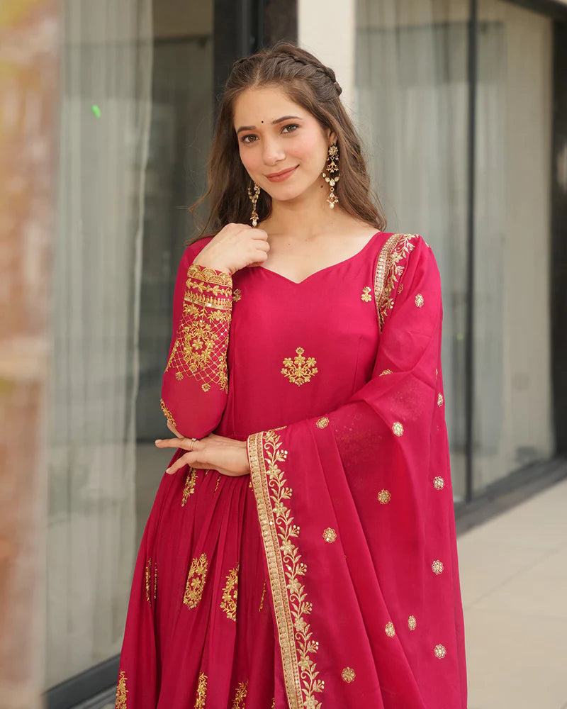 Womenline Rani Pink Color Star Georgette Sequence Embroidered Gown