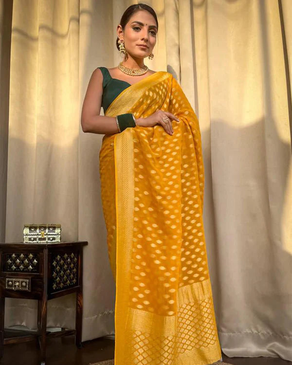 Womenline Beautiful Yellow Color Banarasi Jacquard Weaving Saree
