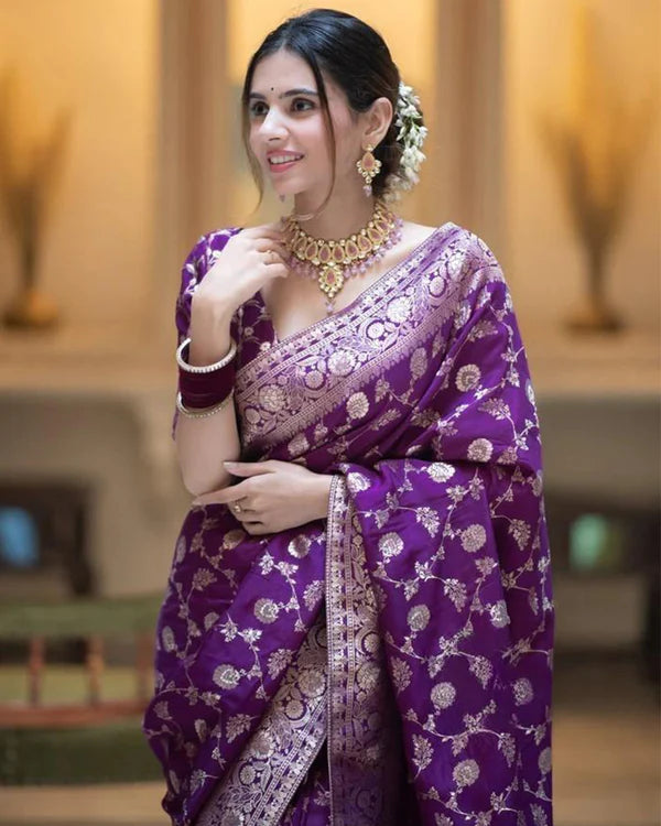 Womenline Purple Color Banarasi Jacquard With Zari Work Saree