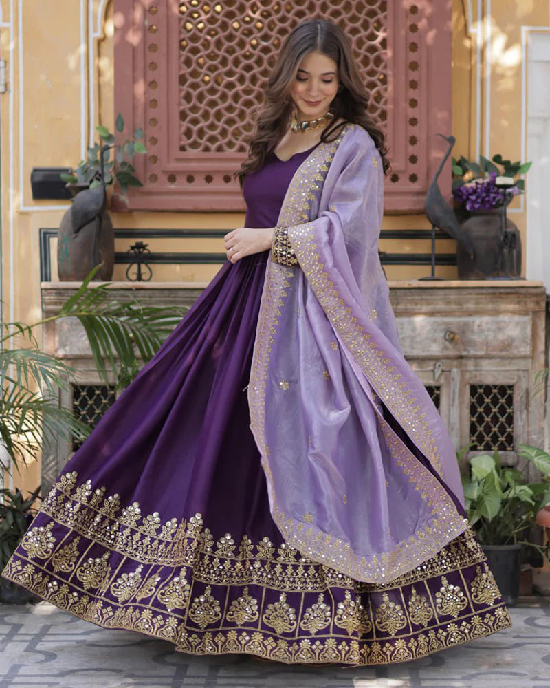 Womenline Wine Color Star Georgette Sequence Embroidered Gown