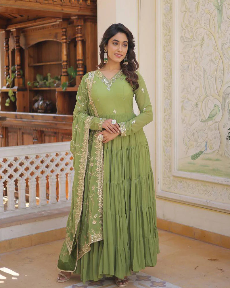 Womenline Parrot Green Color Faux Georgette Designer Anarkali Gown With Dupatta