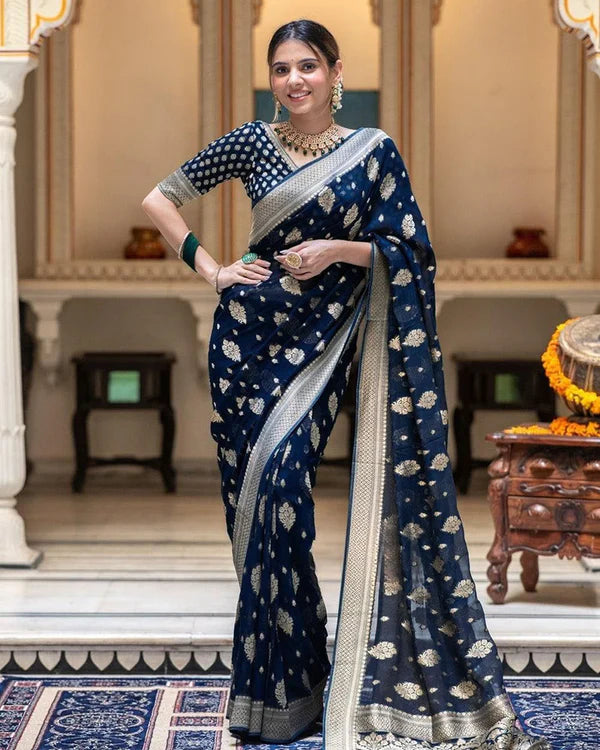 Womenline Navy Blue Color Banarasi All Over Jacquard Soft Silk Saree