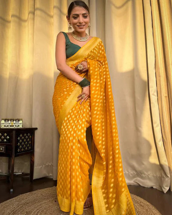 Womenline Beautiful Yellow Color Banarasi Jacquard Weaving Saree