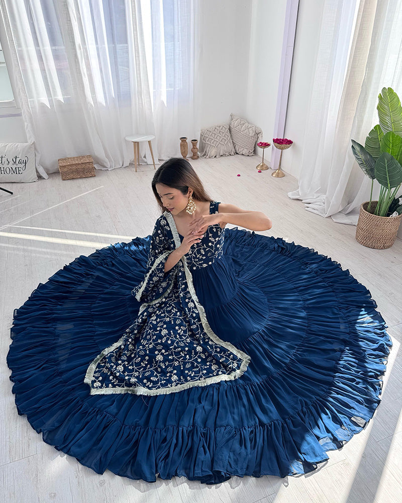 Womenline Rama Color Georgette Five Layer Ruffle Style Anarkali Suit