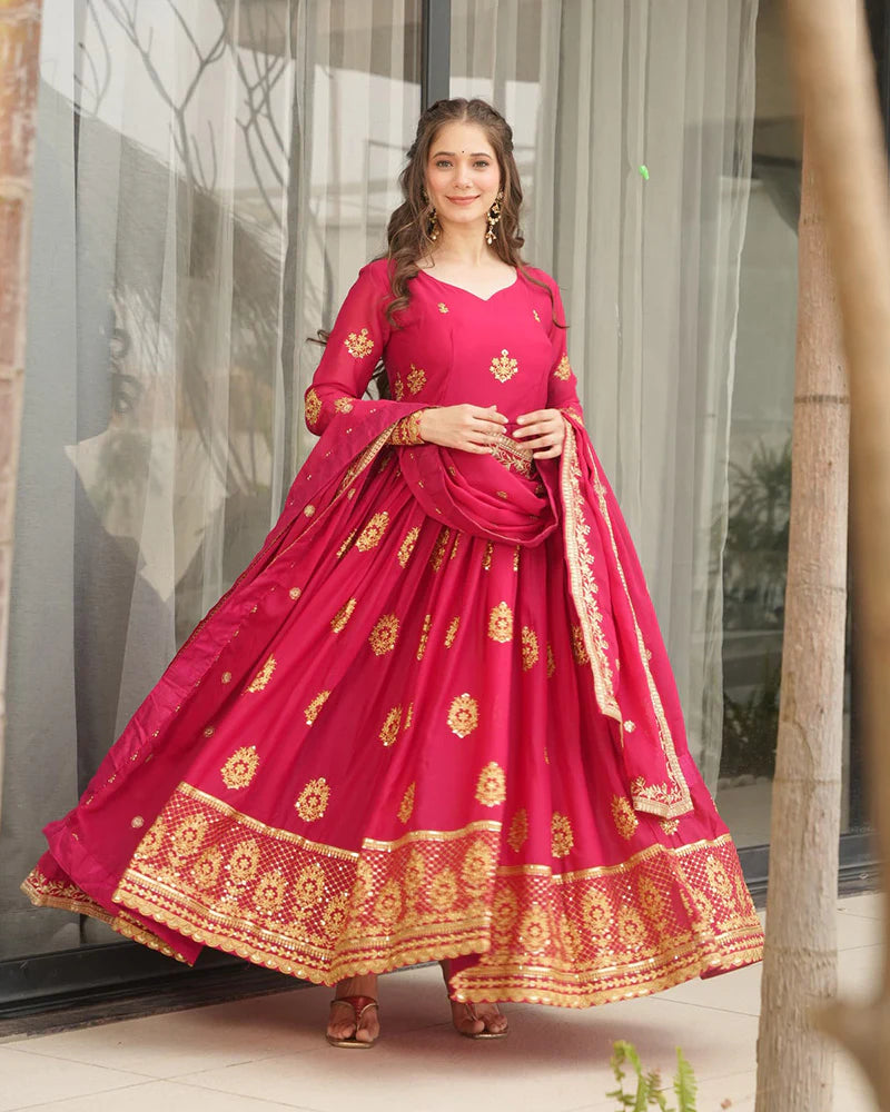 Womenline Rani Pink Color Star Georgette Sequence Embroidered Gown