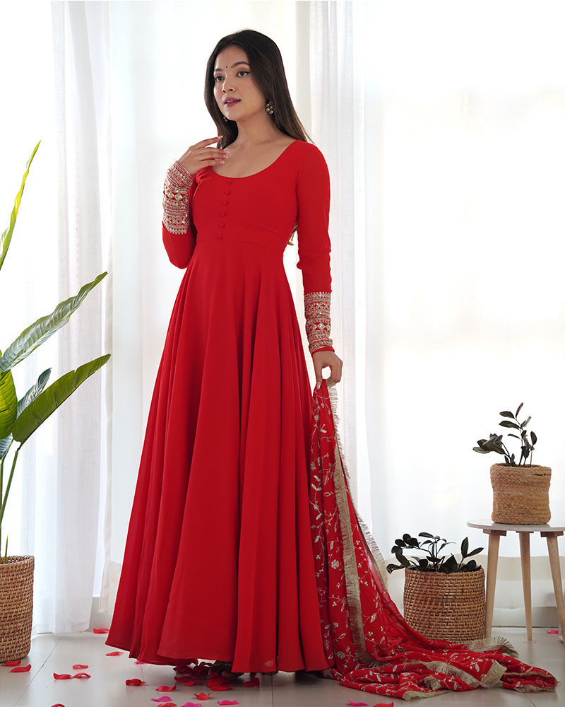 Womenline Red Color Soft Georgette Anarkali Gown With Heavy Embroidery Work Dupatta