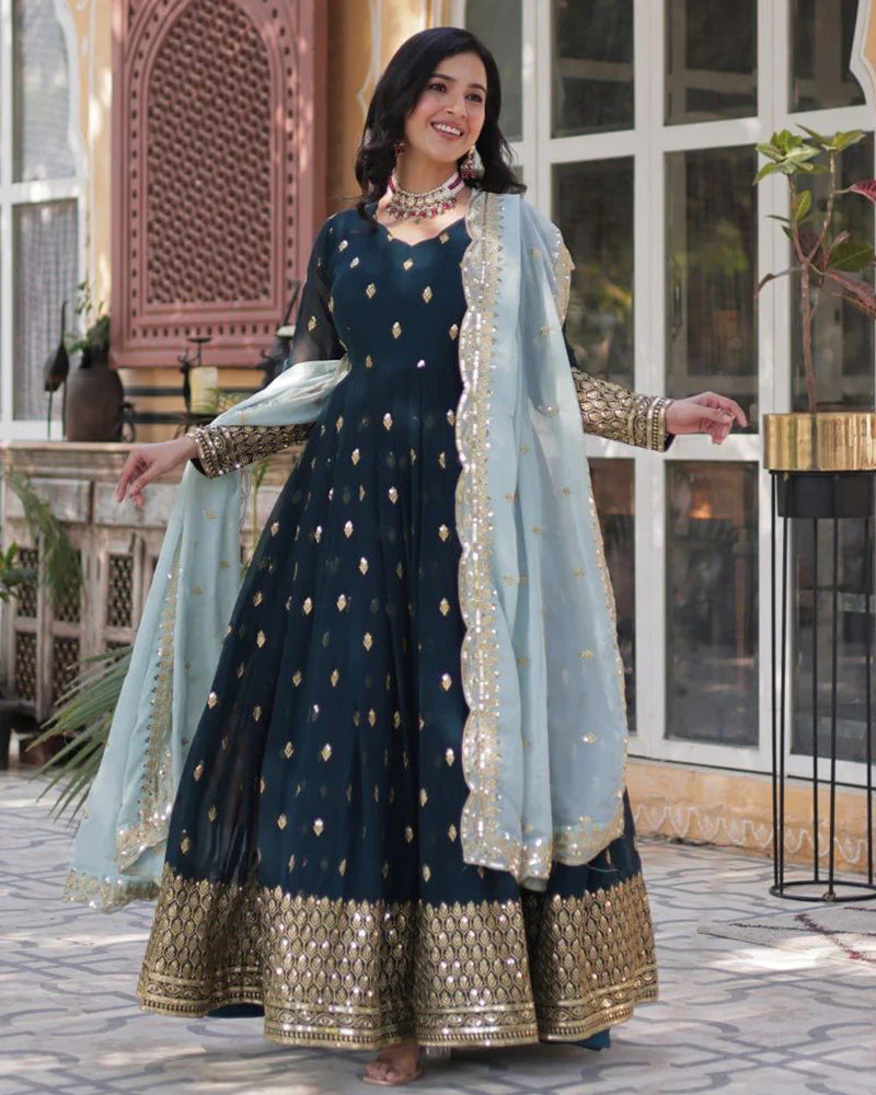 Womenline Viking Blue Color Faux Blooming Zari Embroidered Work Gown