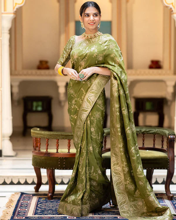 Womenline Mehndi Color Banarasi Jacquard Zari Weaving Saree