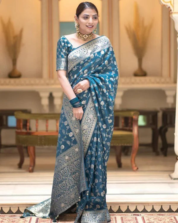 Womenline Rama Color Banarasi Jacquard With Zari Work Saree