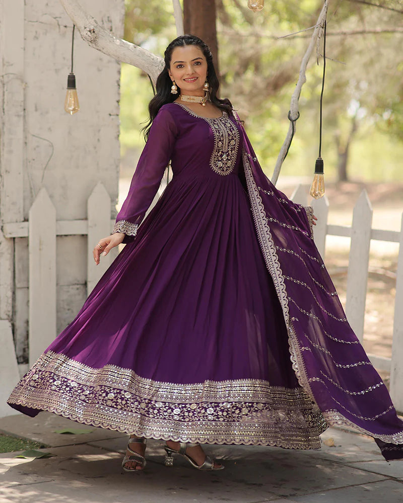 Womenline Purple Color Faux Blooming Rich Sequence Embroidered Gown