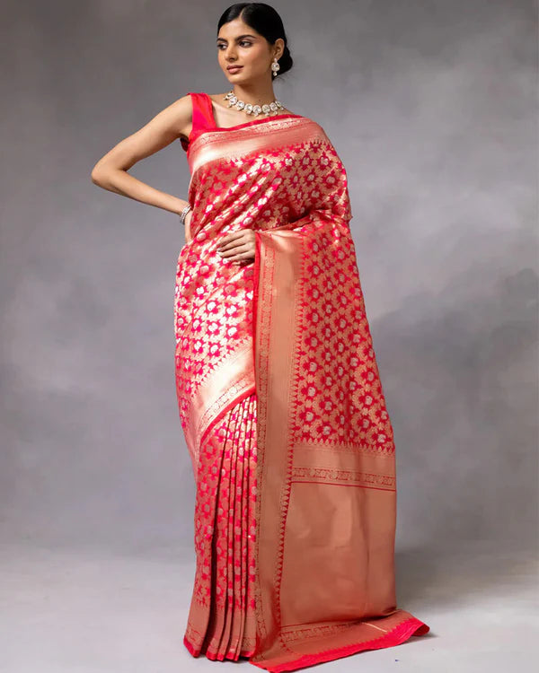 Womenline Red Color Banarasi Jacquard Soft Silk Saree