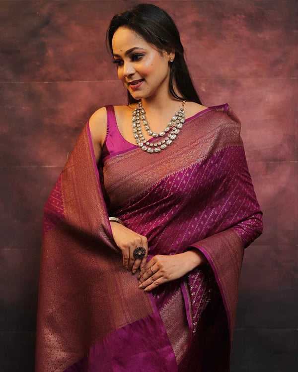 Womenline Wine Color Banarasi Soft Silk Saree
