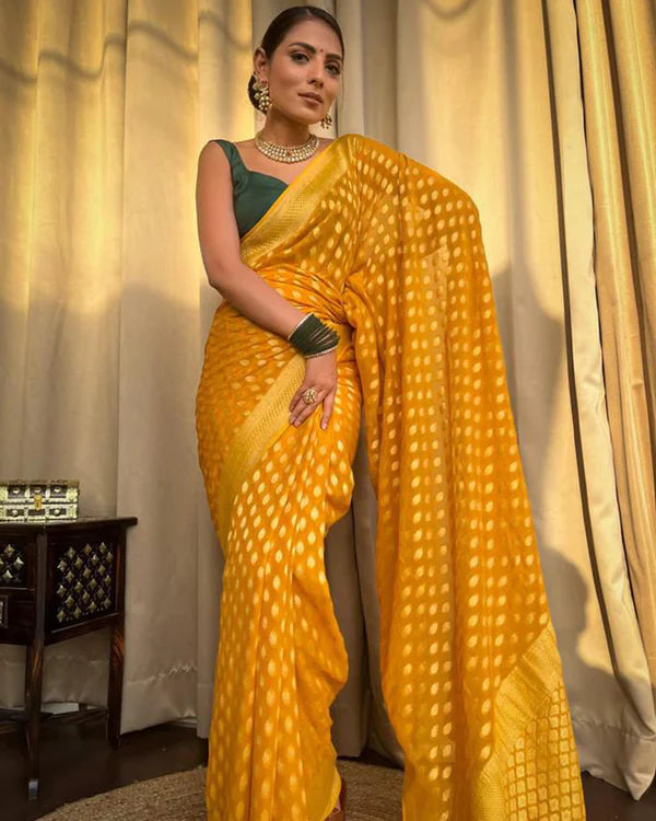 Womenline Beautiful Yellow Color Banarasi Jacquard Weaving Saree