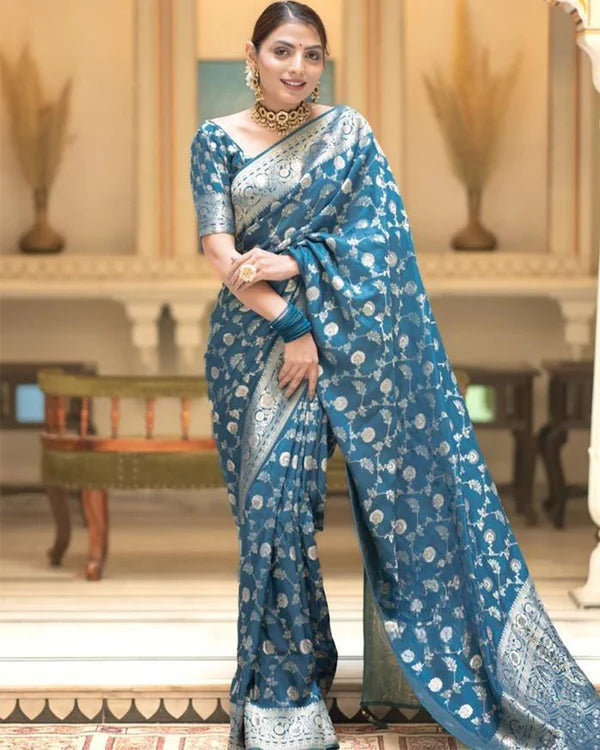 Womenline Rama Color Banarasi Jacquard With Zari Work Saree