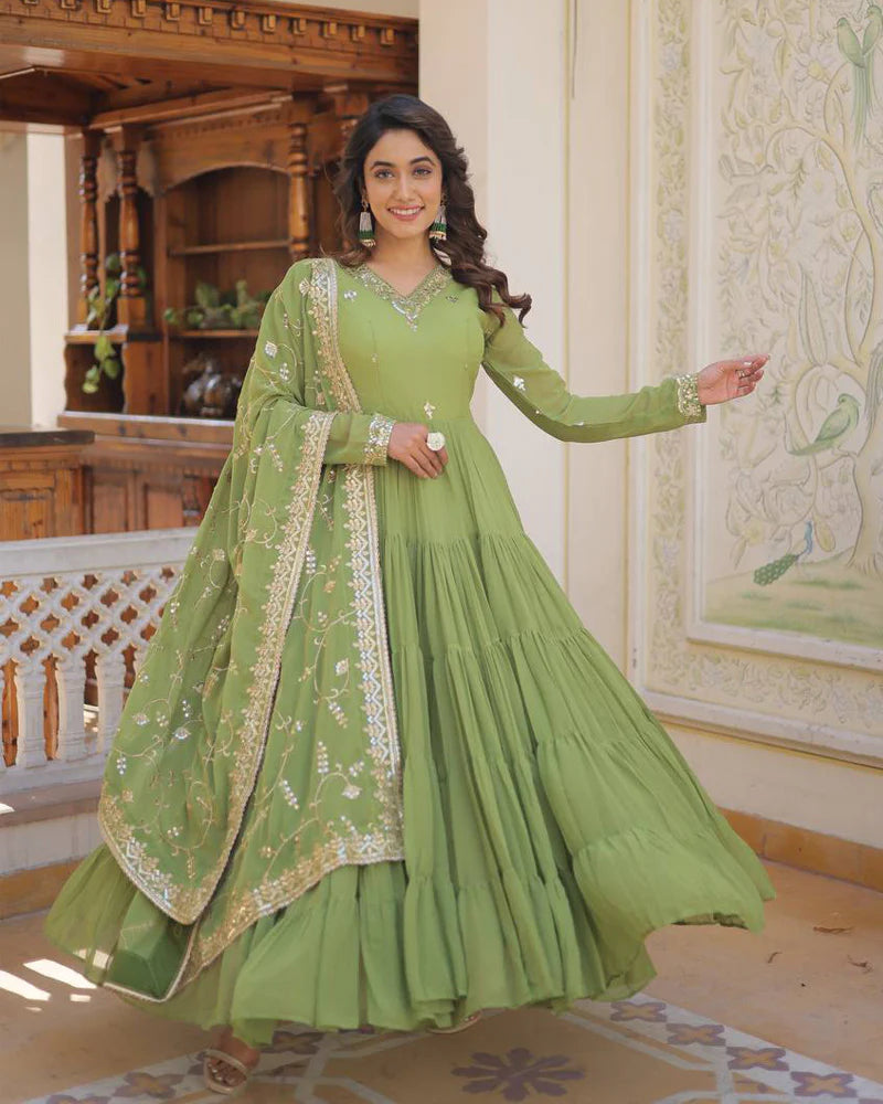 Womenline Parrot Green Color Faux Georgette Designer Anarkali Gown With Dupatta