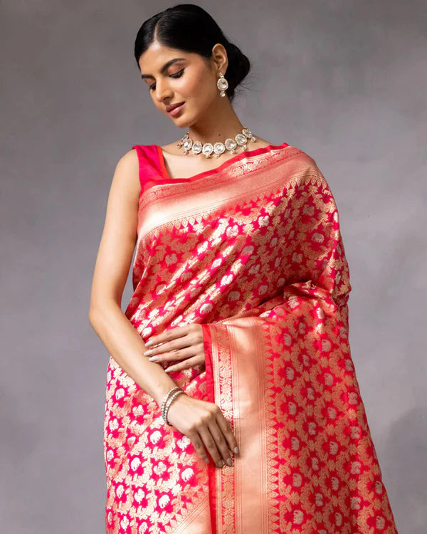 Womenline Red Color Banarasi Jacquard Soft Silk Saree
