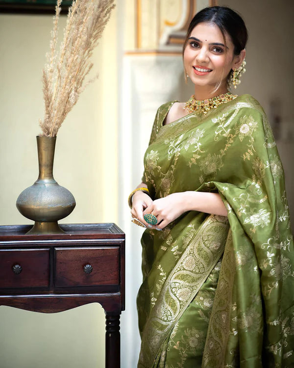 Womenline Mehndi Color Banarasi Jacquard Zari Weaving Saree