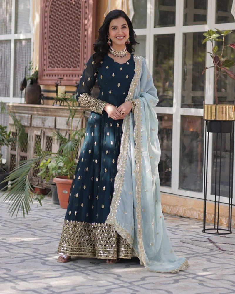 Womenline Viking Blue Color Faux Blooming Zari Embroidered Work Gown