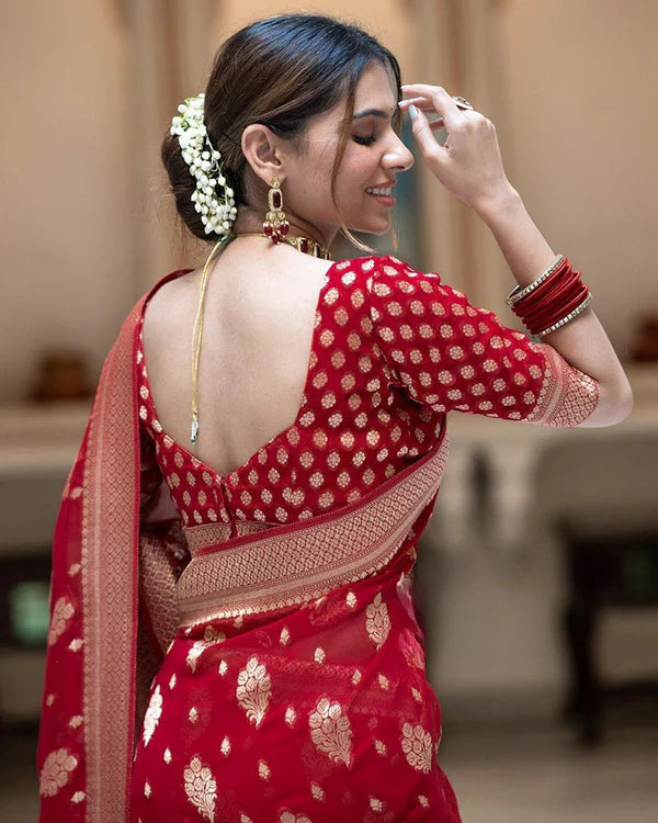 Womenline Red Color Banarasi All Over Jacquard Soft Silk Saree