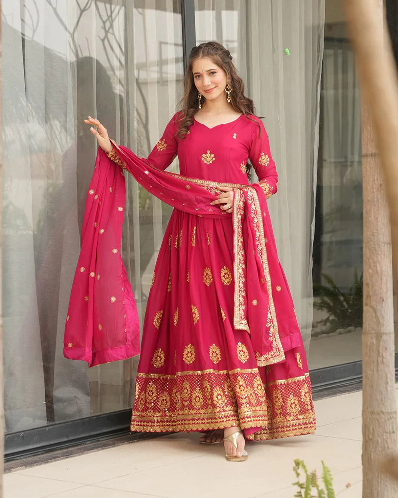 Womenline Rani Pink Color Star Georgette Sequence Embroidered Gown