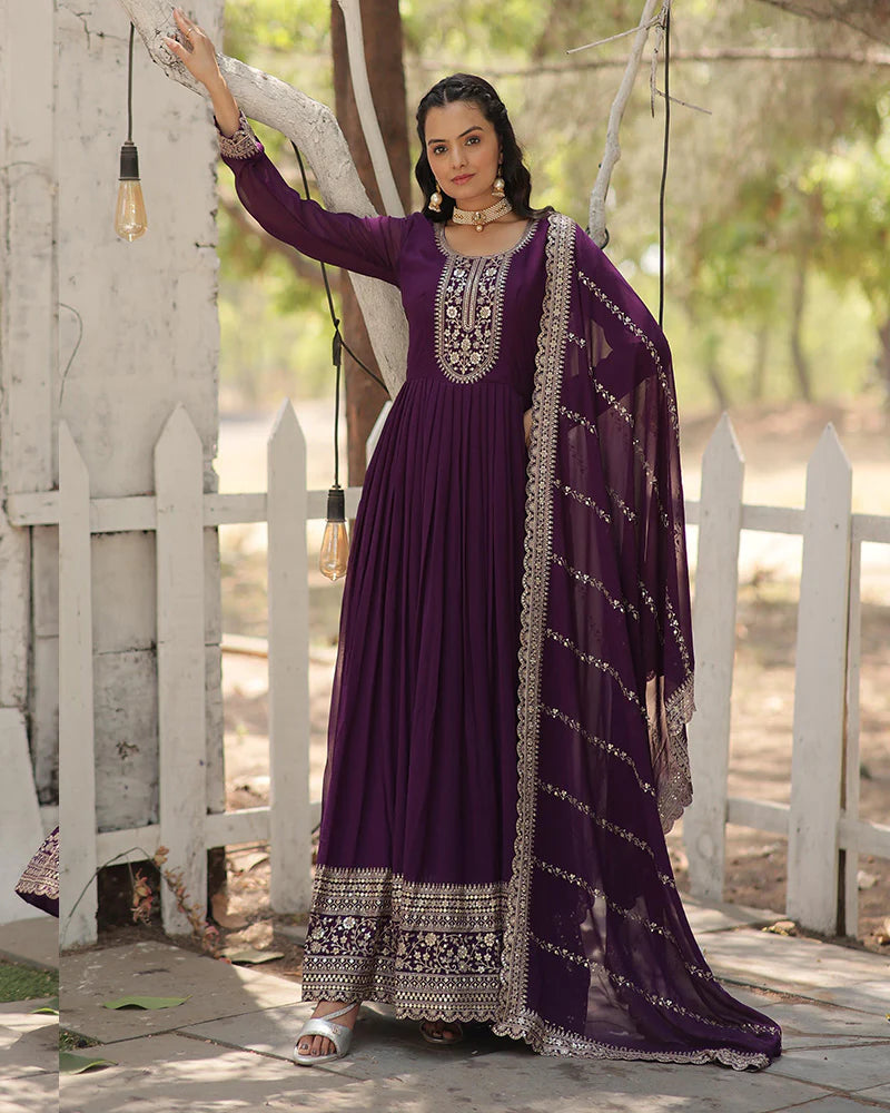 Womenline Purple Color Faux Blooming Rich Sequence Embroidered Gown
