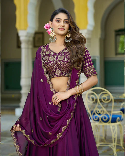 Womenline Wine Color Embroidered Rangoli Silk Lehenga Choli