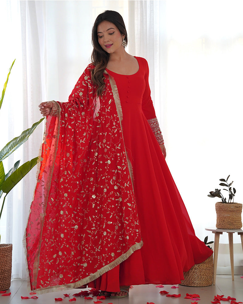 Womenline Red Color Soft Georgette Anarkali Gown With Heavy Embroidery Work Dupatta