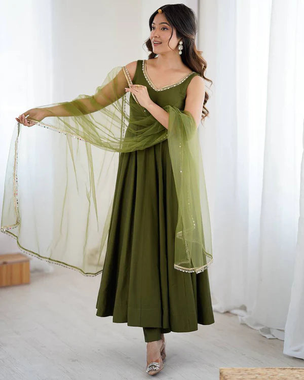 Womenline Mehndi Color Chanderi Pure Roman Silk Anarkali Suit