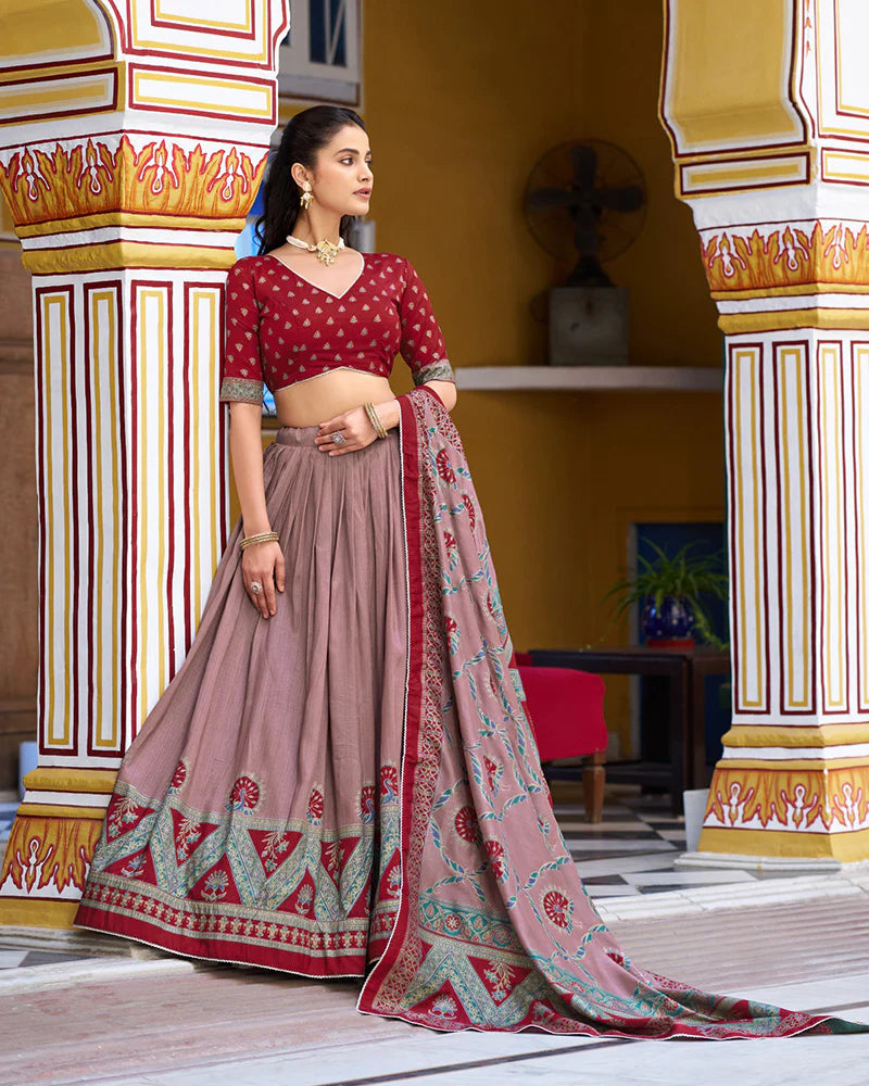 Womenline Maroon Color Tasar Silk Printed Sparkle Lehenga Choli