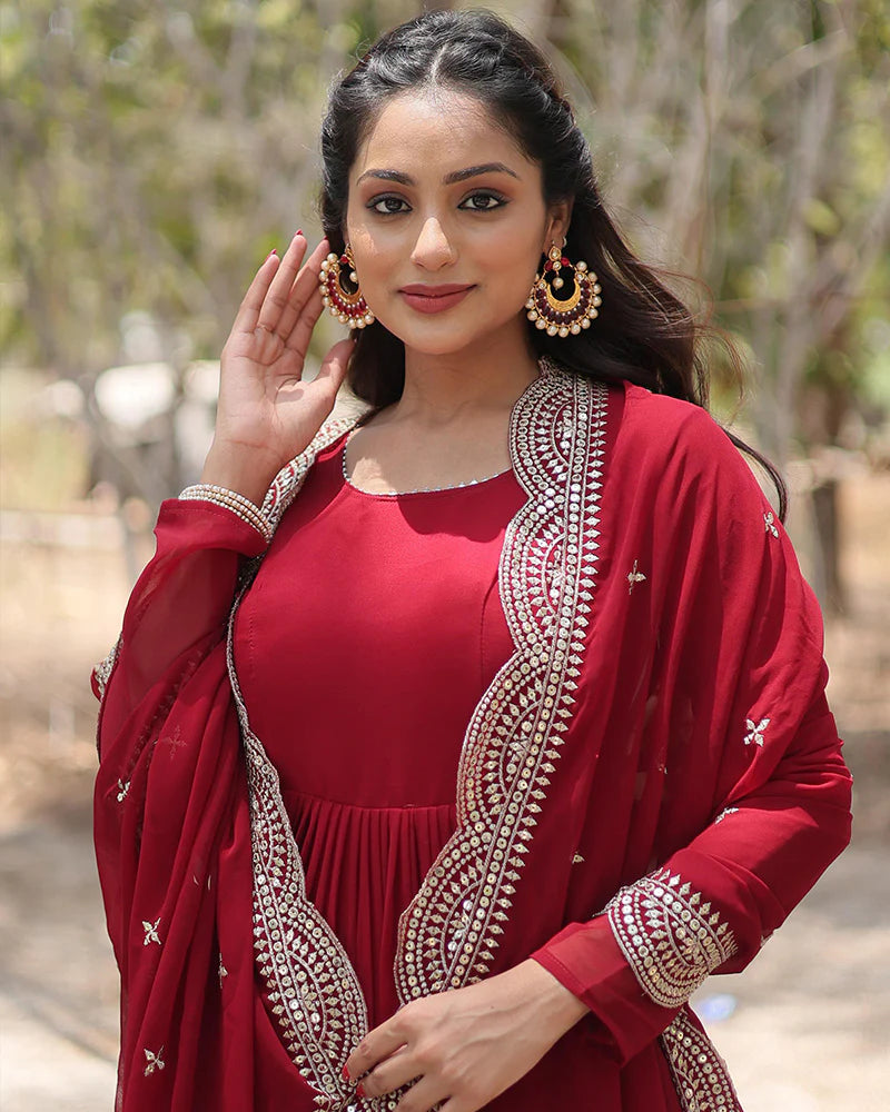 Womenline Maroon Color Designer Embroidered Gown With Dupatta