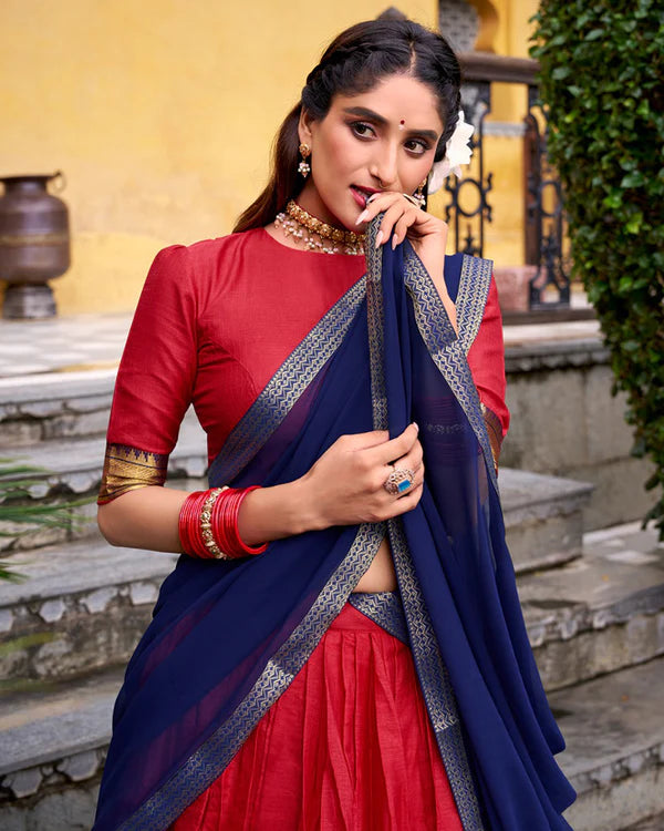 Womenline Designer Red Color Poly Cotton Half Saree