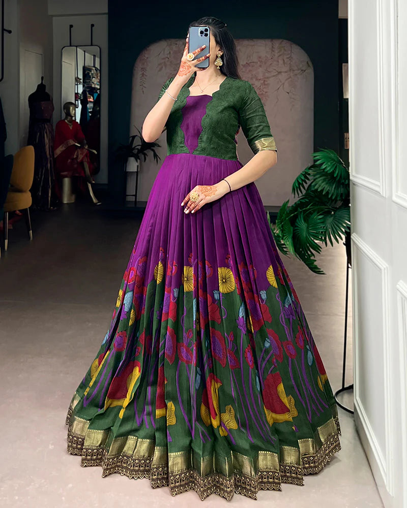 Womenline Purple Color Viscose Chanderi Floral Printed Gown