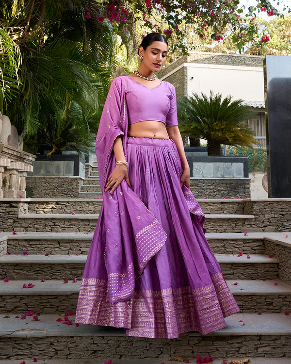 Womenline Purple Color Pure Chanderi Plain Navratri Half Saree