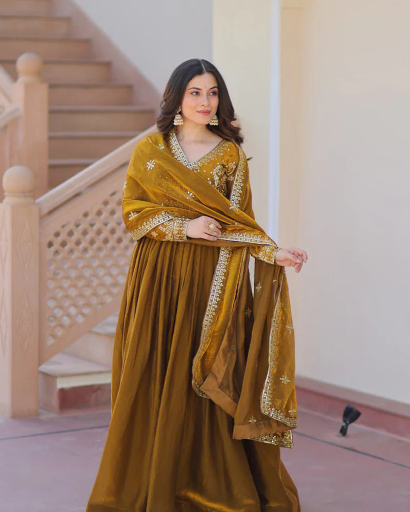 Womenline Mehndi Color Fendi Embroidered Gown