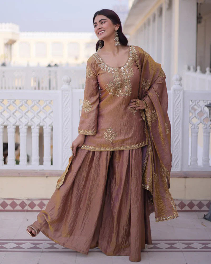 Womenline Chikoo Color Fendi Crush Embroidered Plazzo Suit