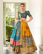 Womenline Yellow Color Dola Silk Designer Kalamkari Print Half Saree