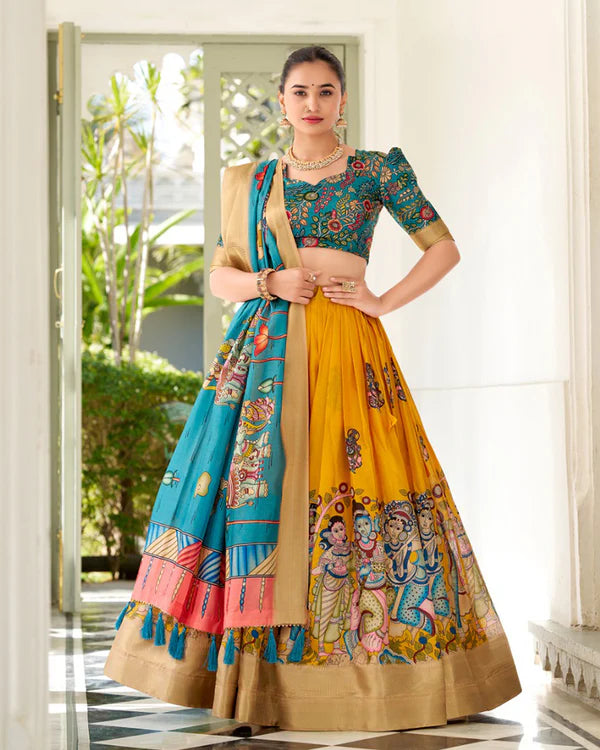 Womenline Yellow Color Dola Silk Designer Kalamkari Print Half Saree