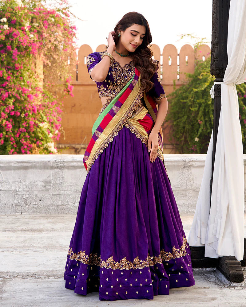 Womenline Designer Purple Color Vichitra Silk Embroidered Lehenga Choli