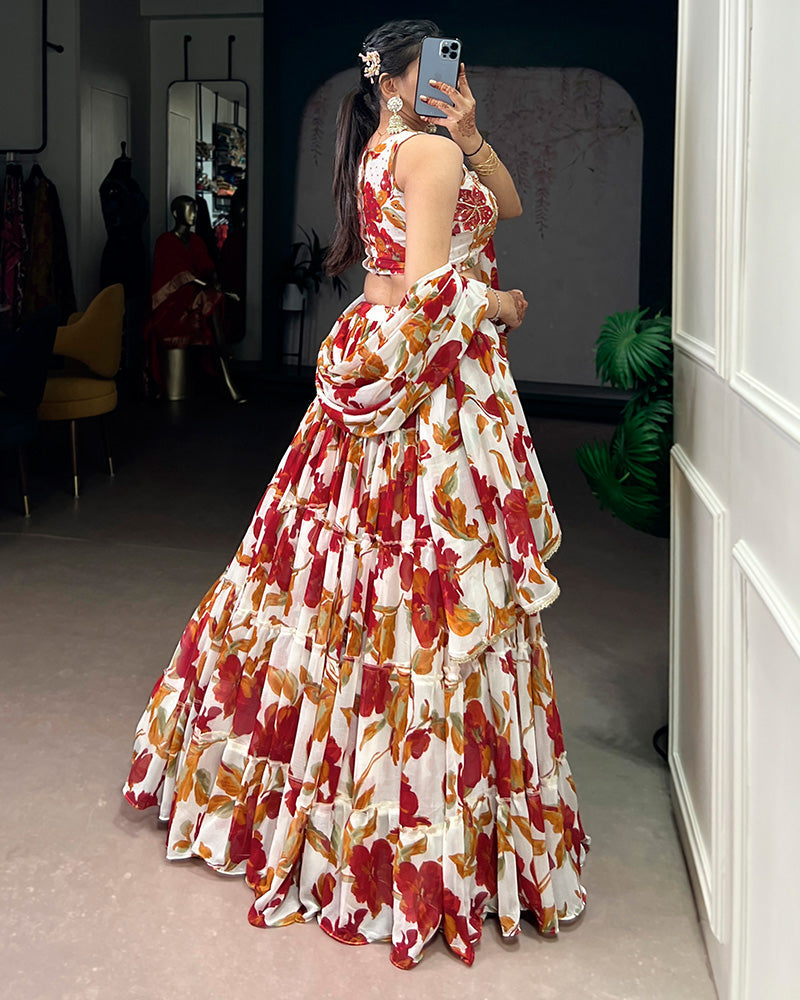 Womenline White Color Marble Floral Printed Lehenga Choli