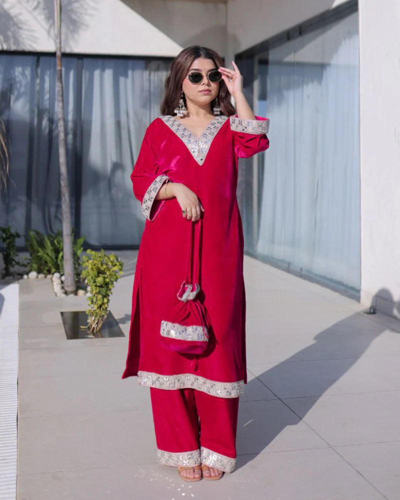 Womenline Rani Pink Color Ice Velvet Embroidered Plazzo Suit