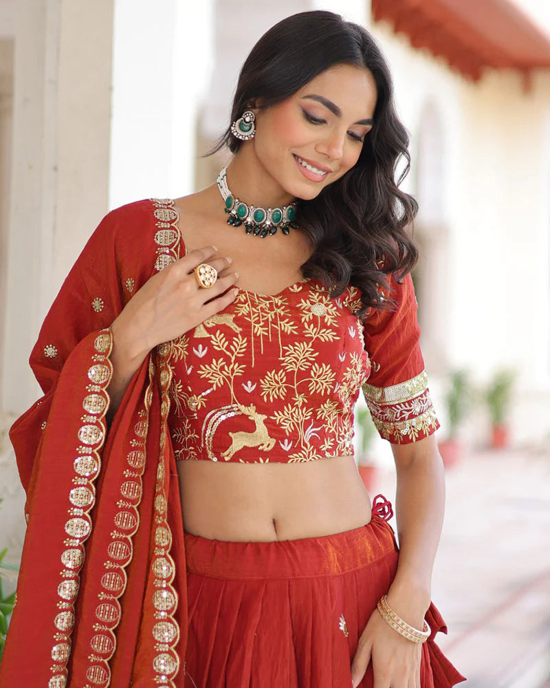 Womenline Red Color Vichitra Silk Sequence Embroidered Lehenga Choli