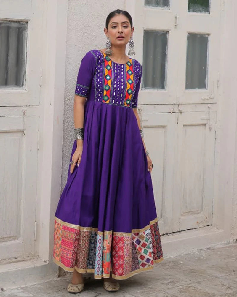 Womenline Colorful Border Purple Color Roman Silk Gamthi Work Navratri Gown